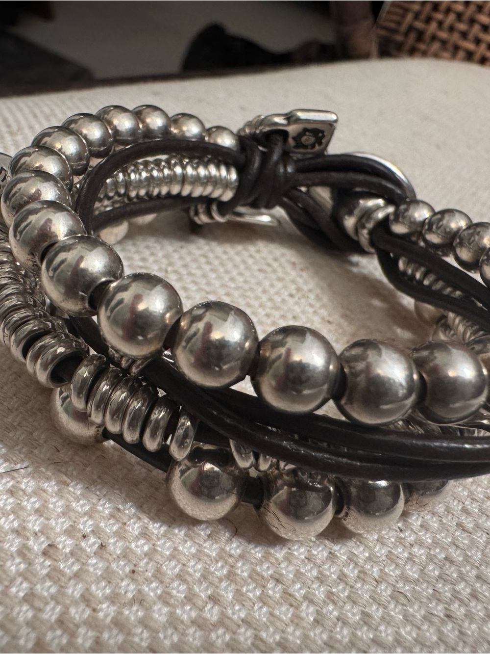 Multi-Strand UNO de 50 Silver Bead & Black Leather Wrap Bracelet